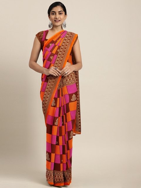 

KALINI Orange & Pink Pure Georgette Geometric Printed Saree