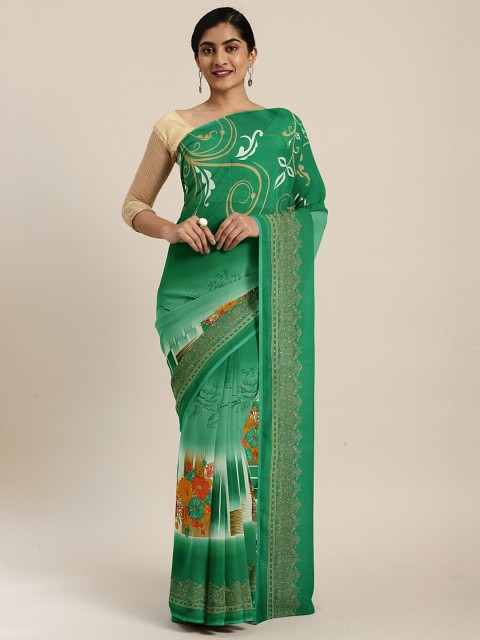 

KALINI Green & Beige Pure Georgette Printed Saree