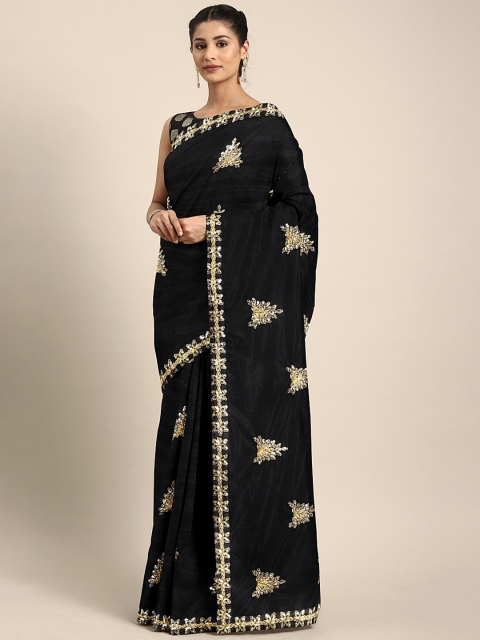 

KALINI Black & Gold-Coloured Net Embroidered Sequinned Celebrity Saree