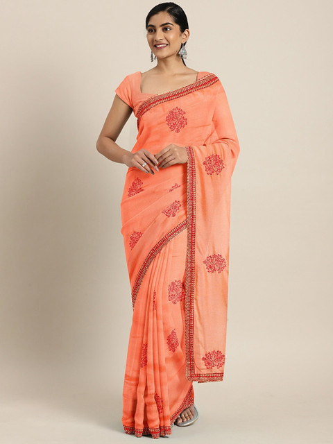 

Mitera Peach-Coloured & Red Silk Blend Floral Printed Saree