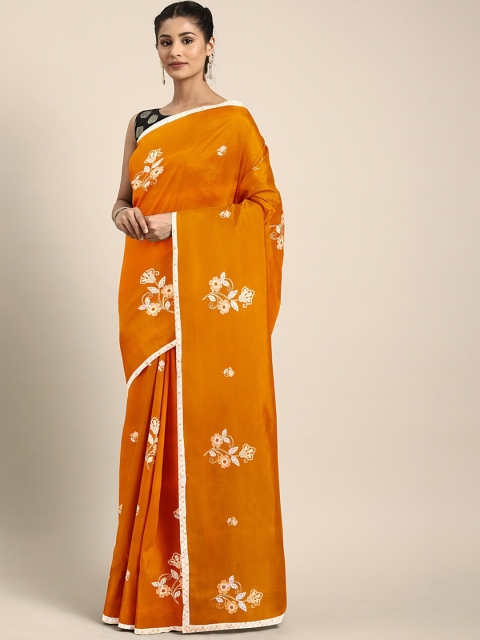

KALINI Mustard Yellow & White Pure Georgette Floral Embroidered Saree