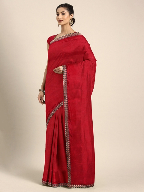 

KALINI Red Solid Silk Blend Saree with Embroidered Border