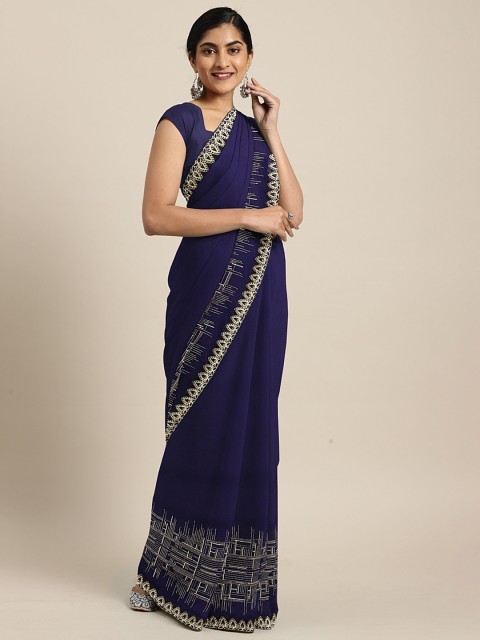 

Mitera Navy Blue & Beige Pure Georgette Embroidered Saree