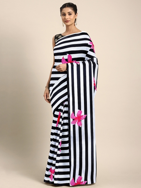 

KALINI White & Black Silk Blend Striped Saree With Floral Prints