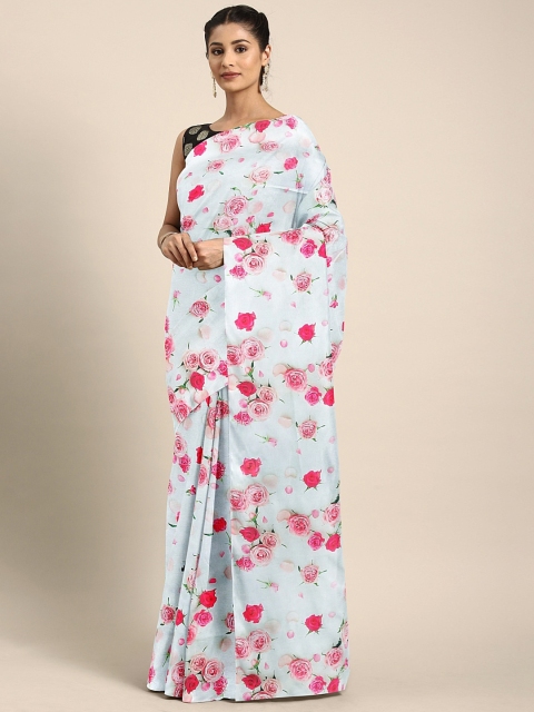 

KALINI Sea Green & Pink Silk Blend Floral Printed Saree