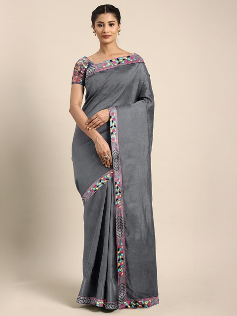 

KALINI Grey Solid Silk Blend Saree with Embroidered Border