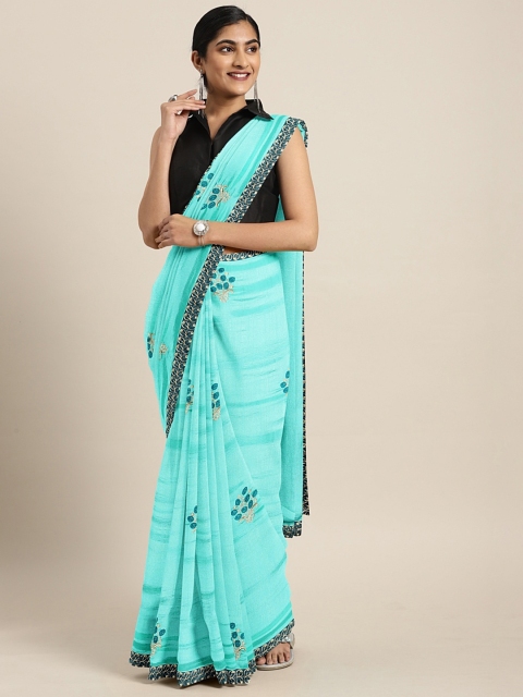 

KALINI Turquoise Blue Embroidered Silk Blend Saree