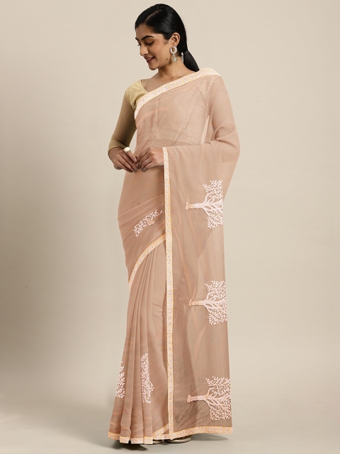 

KALINI Peach-Coloured Embroidered Supernet Saree