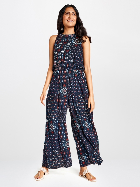 

Global Desi Women Navy Blue & Red Printed Basic Jumpsuit with Tie-Up Detail
