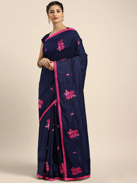 

KALINI Navy Blue & Pink Silk Blend Embroidered Saree