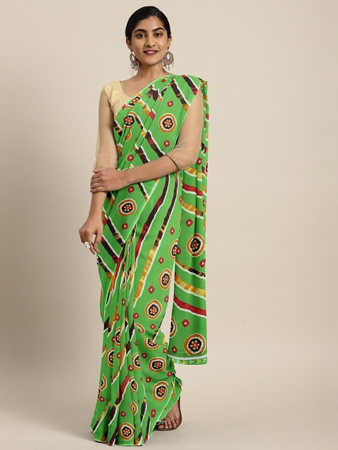 

KALINI Lime Green & Orange Pure Georgette Printed Bandhani Saree