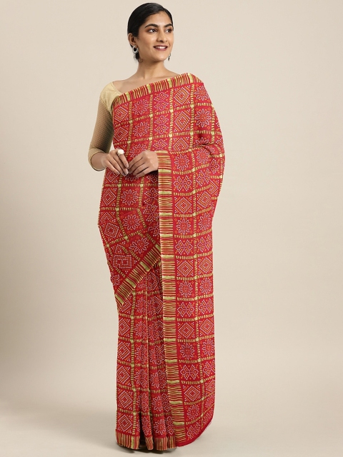 

KALINI Red & Yellow Pure Georgette Printed Bandhani Saree