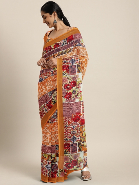 

KALINI Peach-Coloured & Off-White Pure Georgette Printed Saree