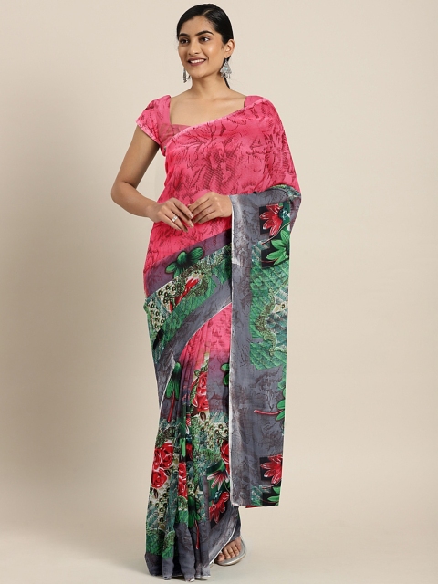 

KALINI Pink & Green Poly Georgette Floral Printed Saree