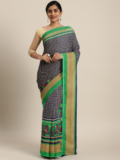 

KALINI Navy Blue & Green Pure Georgette Printed Saree