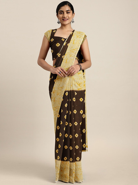 

KALINI Coffee Brown & Beige Pure Georgette Printed Bandhani Saree
