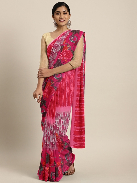 

KALINI Pink Abstract Printed Pure Georgette Saree