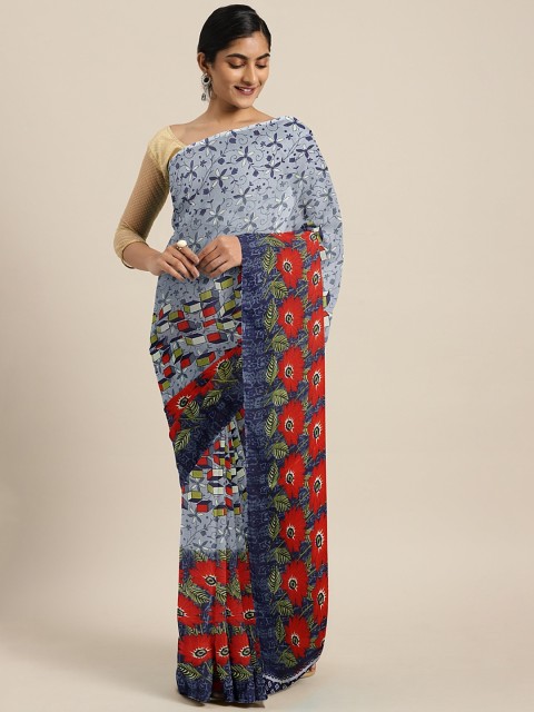 

KALINI Blue & Red Pure Georgette Printed Saree