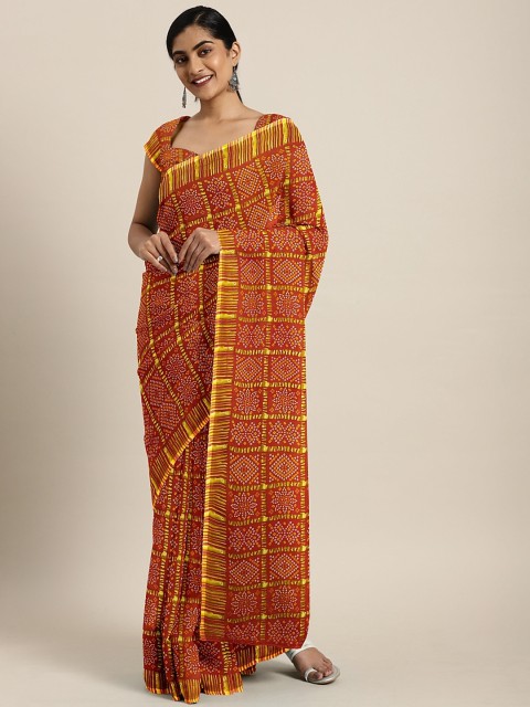 

KALINI Orange & Yellow Pure Georgette Printed Bandhani Saree