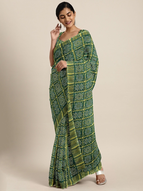 

KALINI Green & White Pure Georgette Printed Bandhani Saree