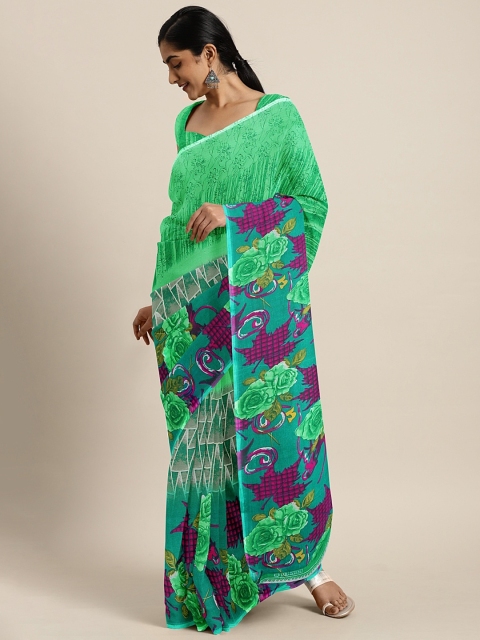 

KALINI Green & Purple Pure Georgette Floral Printed Saree