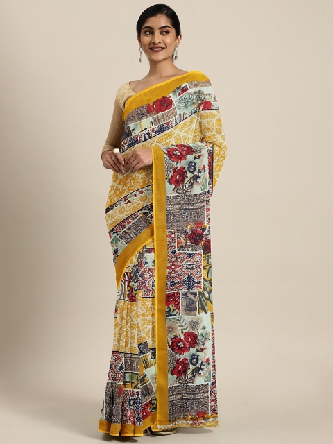 

KALINI Yellow & White Pure Georgette Printed Saree