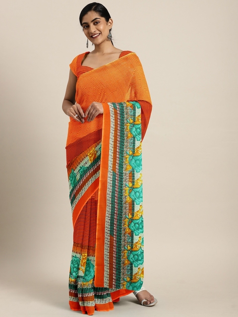 

KALINI Orange & Black Striped Poly Georgette Saree