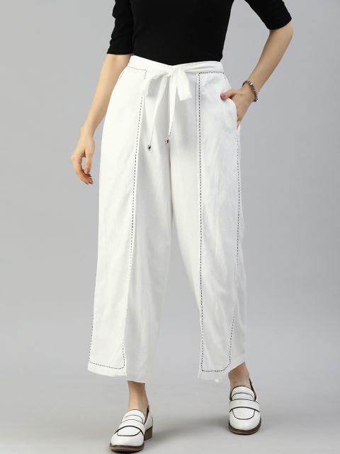 

Global Desi Women White High-Rise Embroidered Culottes Trousers