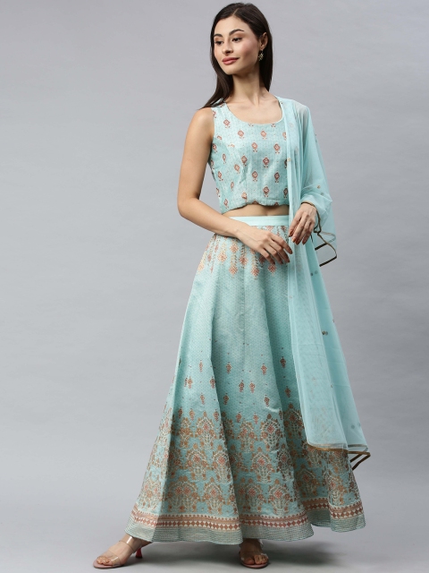 

Global Desi Women Blue & Beige Printed Top with Skirt