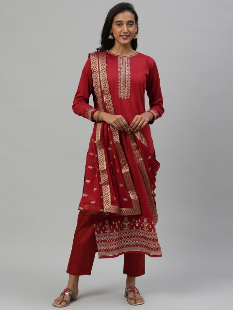 

Inddus Maroon Embroidered Silk Blend Unstitched Dress Material