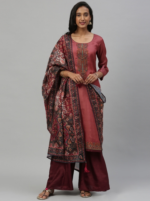 

Inddus Pink & Maroon Embroidered Silk Blend Unstitched Dress Material