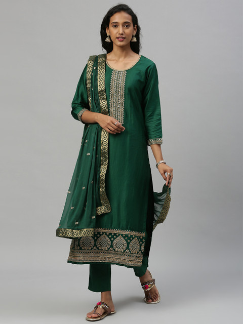 

Inddus Green Silk Blend Unstitched Dress Material
