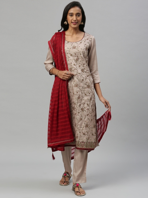 

Inddus Beige Embroidered Tussar Silk Unstitched Dress Material