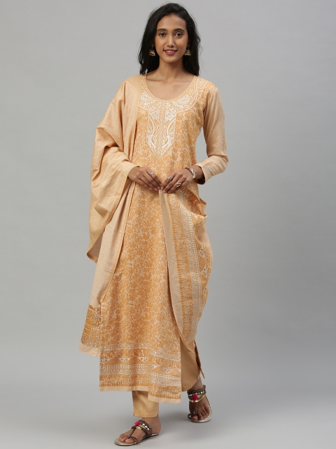 

Inddus Beige & Mustard Yellow Silk Blend Jacquard Weave Unstitched Dress Material