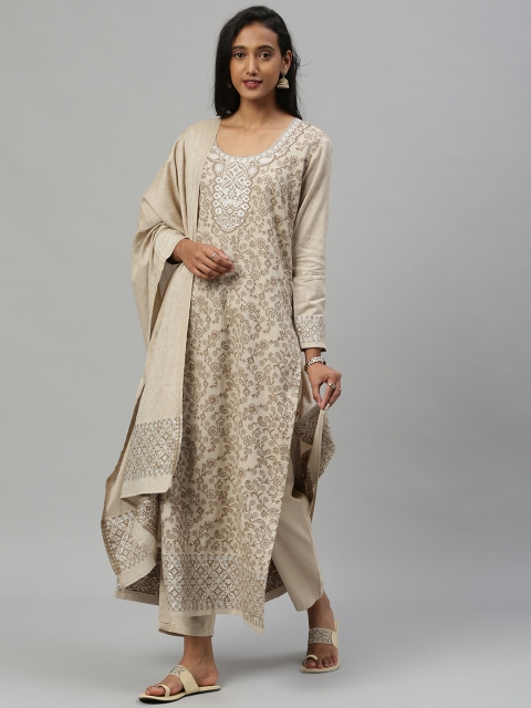 

Inddus Beige Silk Blend Jacquard Unstitched Dress Material