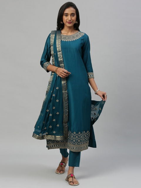 

Inddus Teal Blue Embroidered Silk Blend Unstitched Dress Material