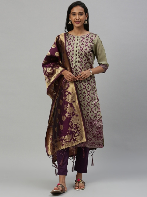 

Inddus Beige & Purple Woven Design Silk Blend Unstitched Dress Material