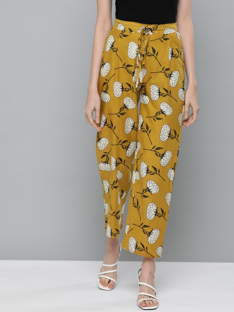 

HERE&NOW Women Mustard Yellow & Off-White Printed Cropped Straight Palazzos
