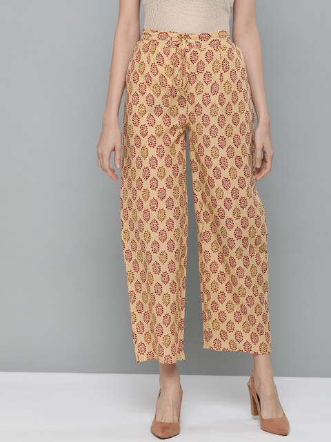 

HERE&NOW Women Beige & Maroon Printed Cropped Straight Palazzos