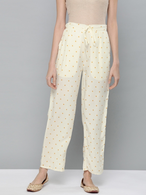 

HERE&NOW Women Off-White & Mustard Yellow Printed Straight Palazzos