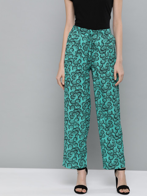 

HERE&NOW Women Green & Black Printed Cropped Straight Palazzos