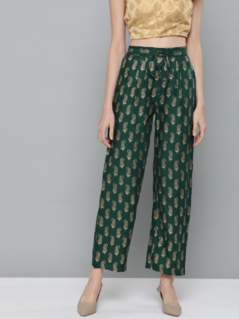 

HERE&NOW Women Green & Golden Printed Straight Palazzos