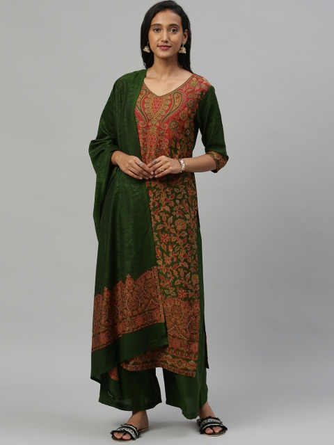 

Inddus Green & Red Woven Design Pashmina Wool Unstitched Dress Material