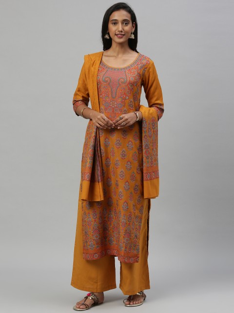 

Inddus Mustard Yellow & Blue Woven Design Pashmina Wool Unstitched Dress Material
