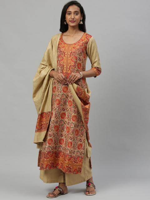 

Inddus Beige & Orange Woven Design Pashmina Wool Unstitched Dress Material