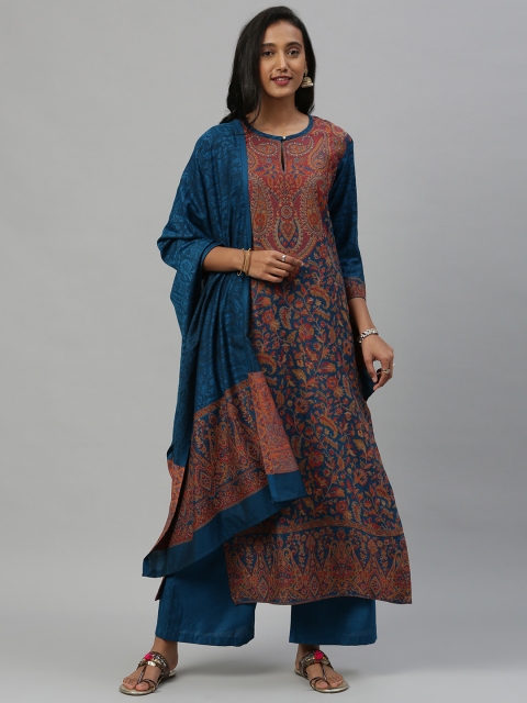 

Inddus Teal Blue & Maroon Woven Design Pashmina Wool Unstitched Dress Material