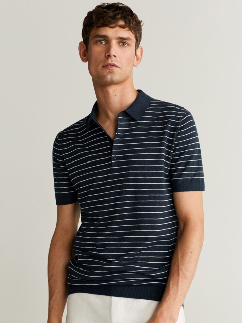 

MANGO MAN Navy Blue Striped Polo Collar T-shirt