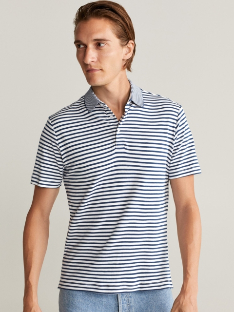 

MANGO MAN White & Navy Blue Slim Fit Striped Polo Collar T-shirt