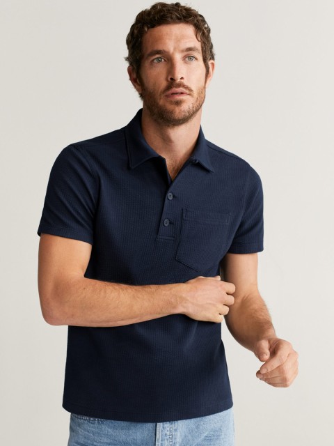 

MANGO MAN Navy Blue Self Design Polo Collar T-shirt