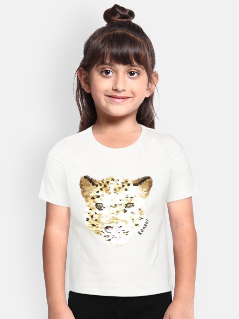 

Mango Kids Girls White & Golden Leopard Flip Sequinned Round Neck Sustainable T-shirt